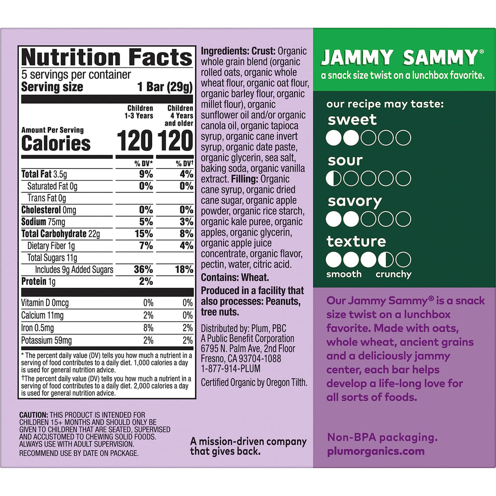 Jammy Sammy bar profile highlighting oats and whole grains for kids