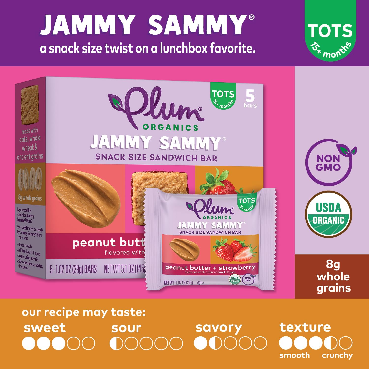Plum Organics Jammy Sammy Bar 30-bar multi-pack shown for travel