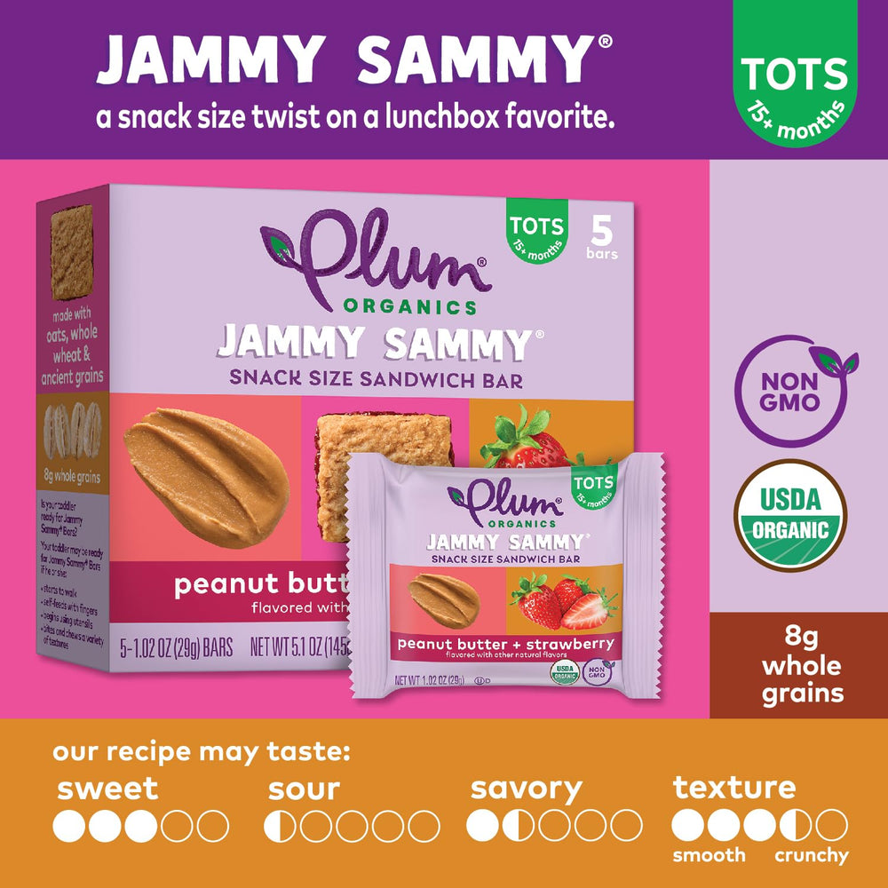 Plum Organics Jammy Sammy Bar 30-bar multi-pack shown for travel