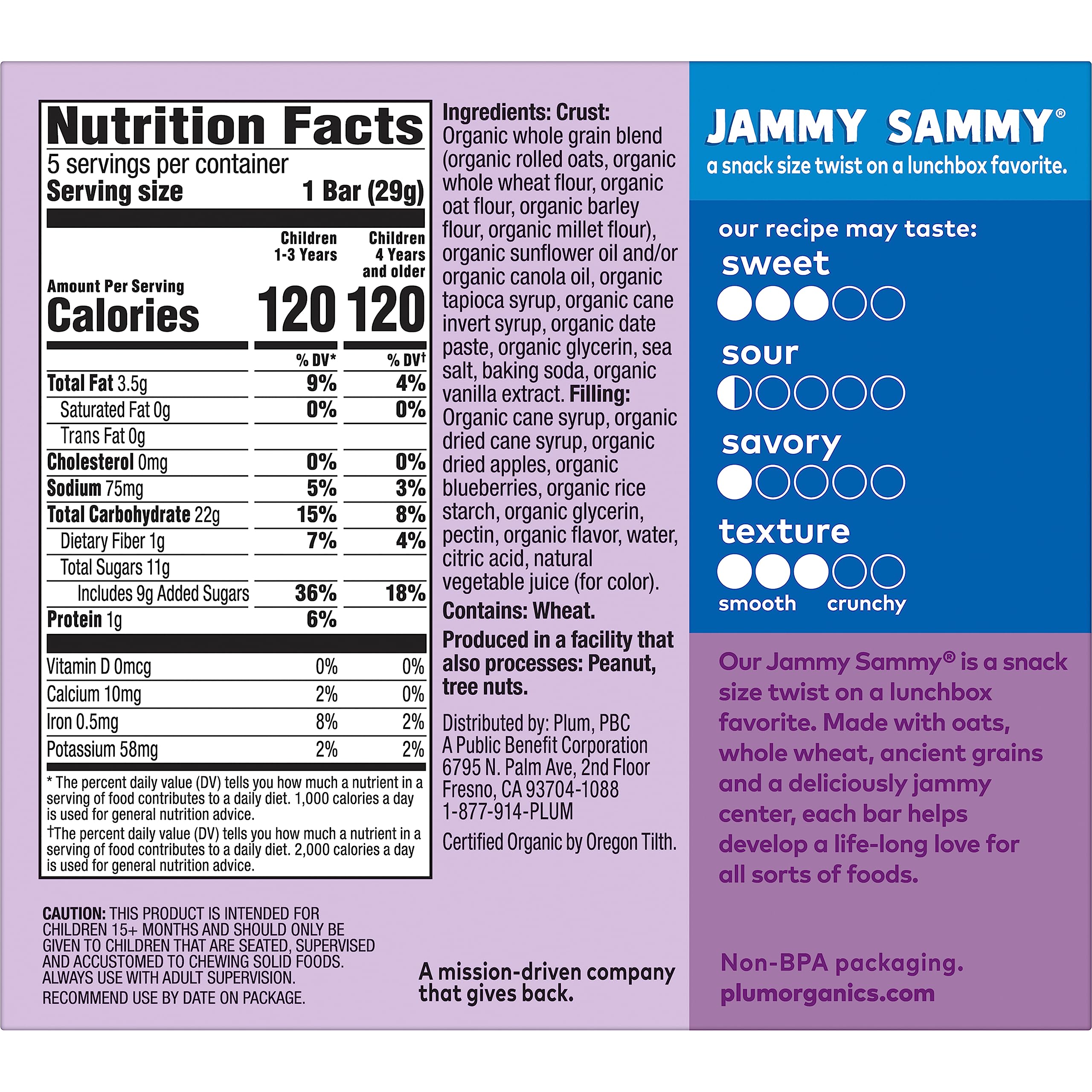 Plum Organics Jammy Sammy blueberry bar wrapped, convenient on-the-go lunch option.