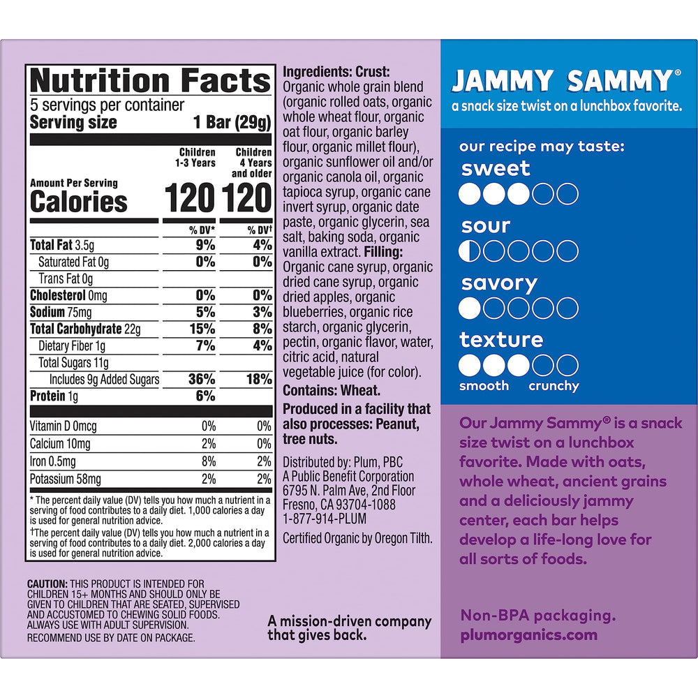 Plum Organics Jammy Sammy blueberry bar wrapped, convenient on-the-go lunch option.