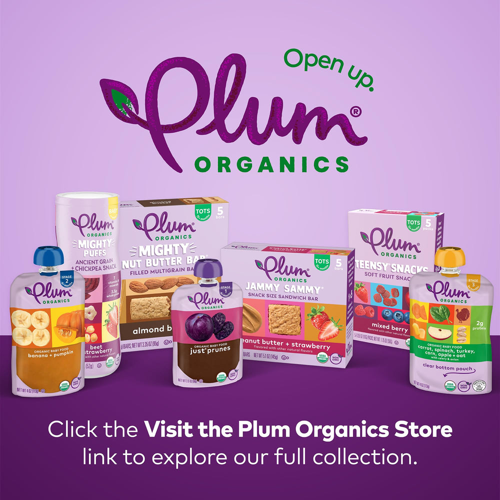 Product display of Plum Organics Teensy Snacks peach cartons on shelf