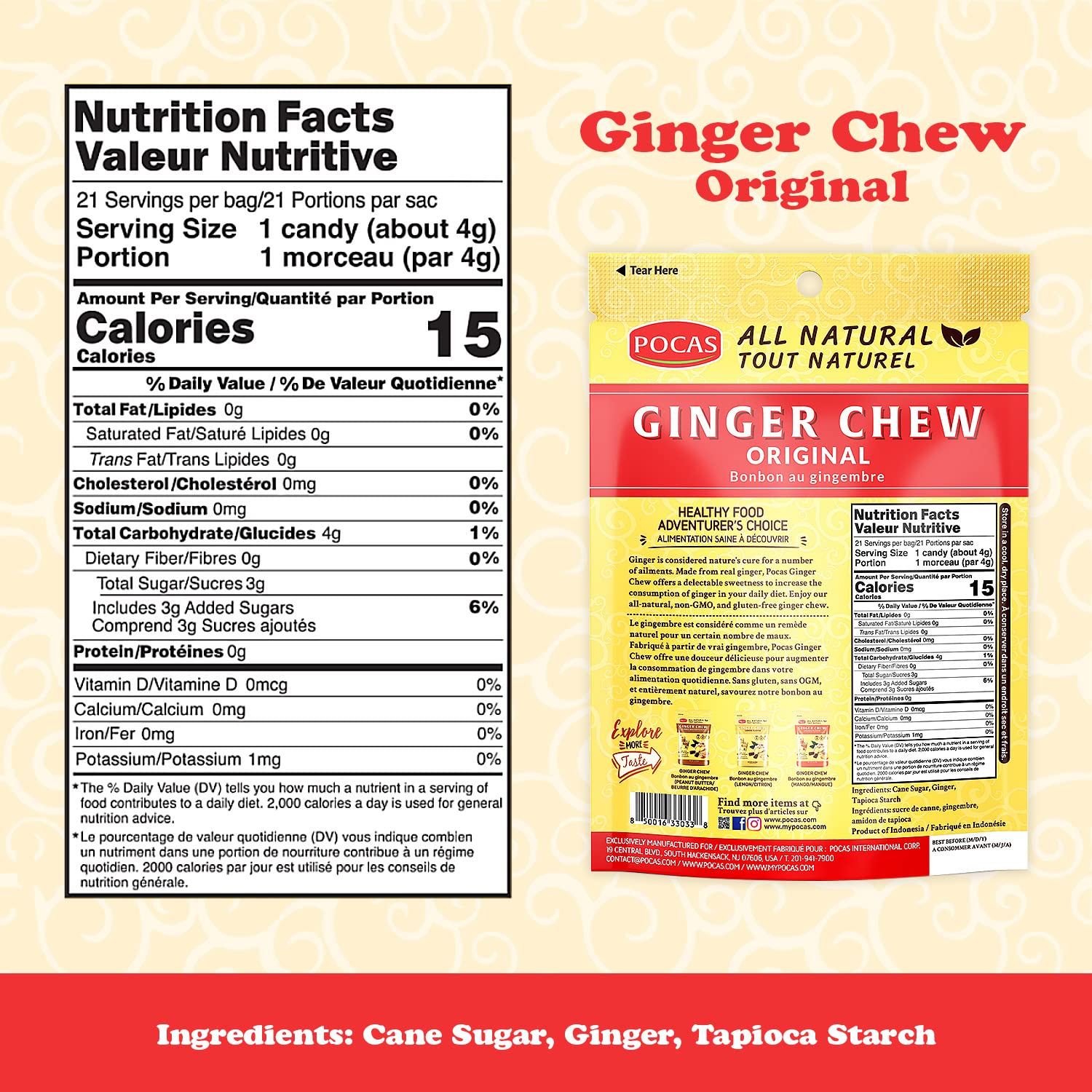 Pocas Ginger Chews individually wrapped for easy take-along enjoyment.