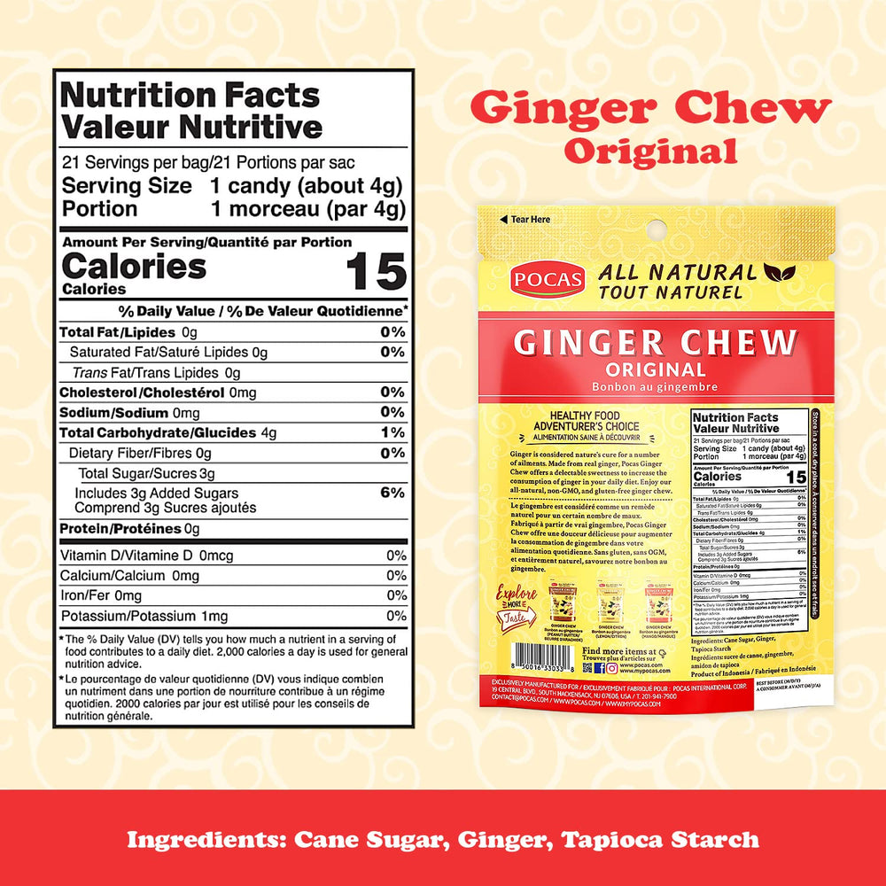 Pocas Ginger Chews individually wrapped for easy take-along enjoyment.