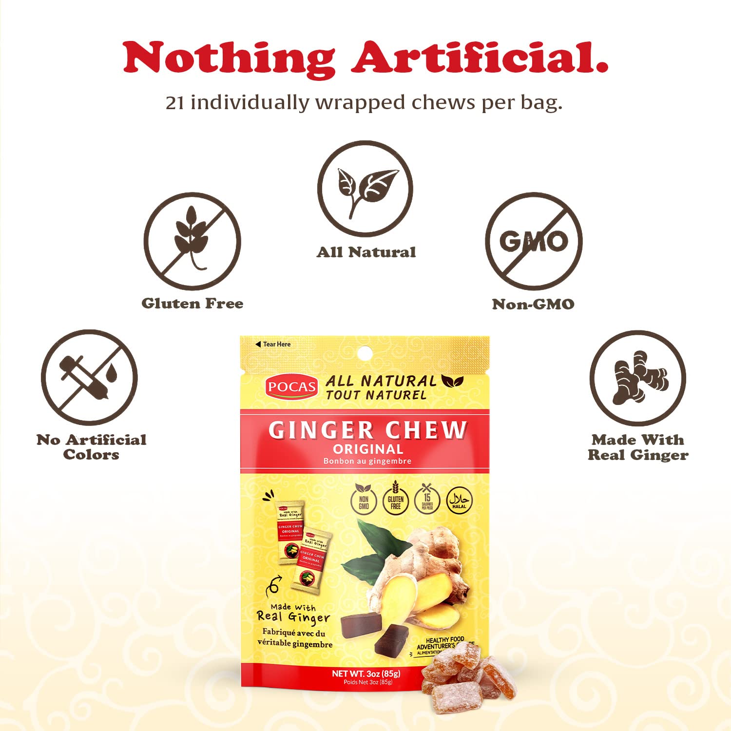 Pocas chews unwrapped showing real ginger and glossy texture.