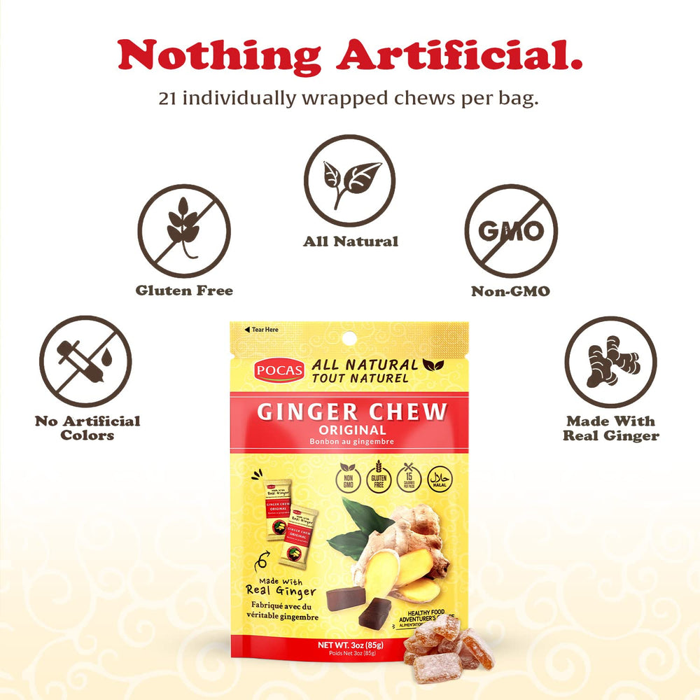 Pocas chews unwrapped showing real ginger and glossy texture.