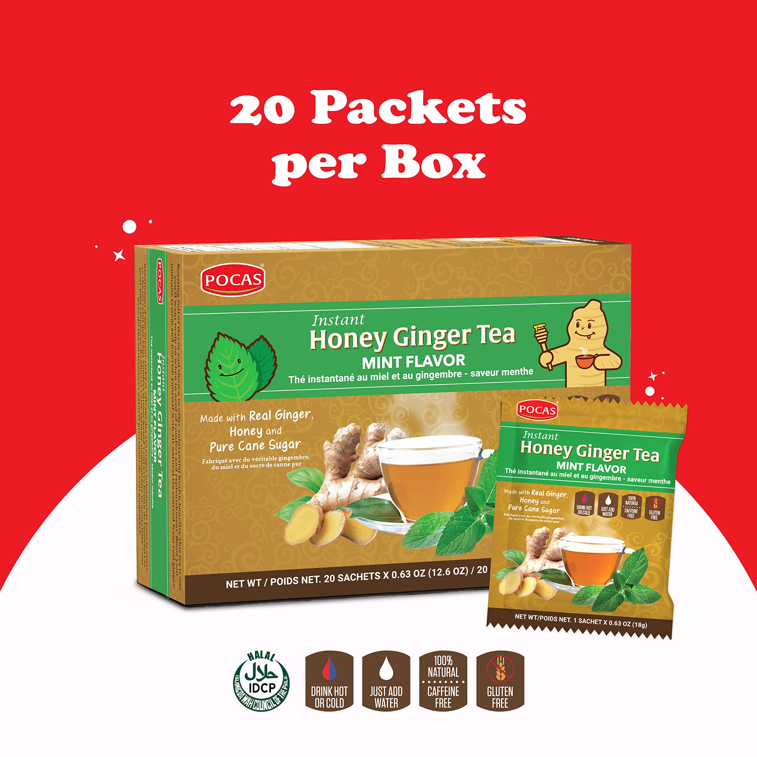 Pocas tea ingredients highlighting real ginger, honey, and mint.