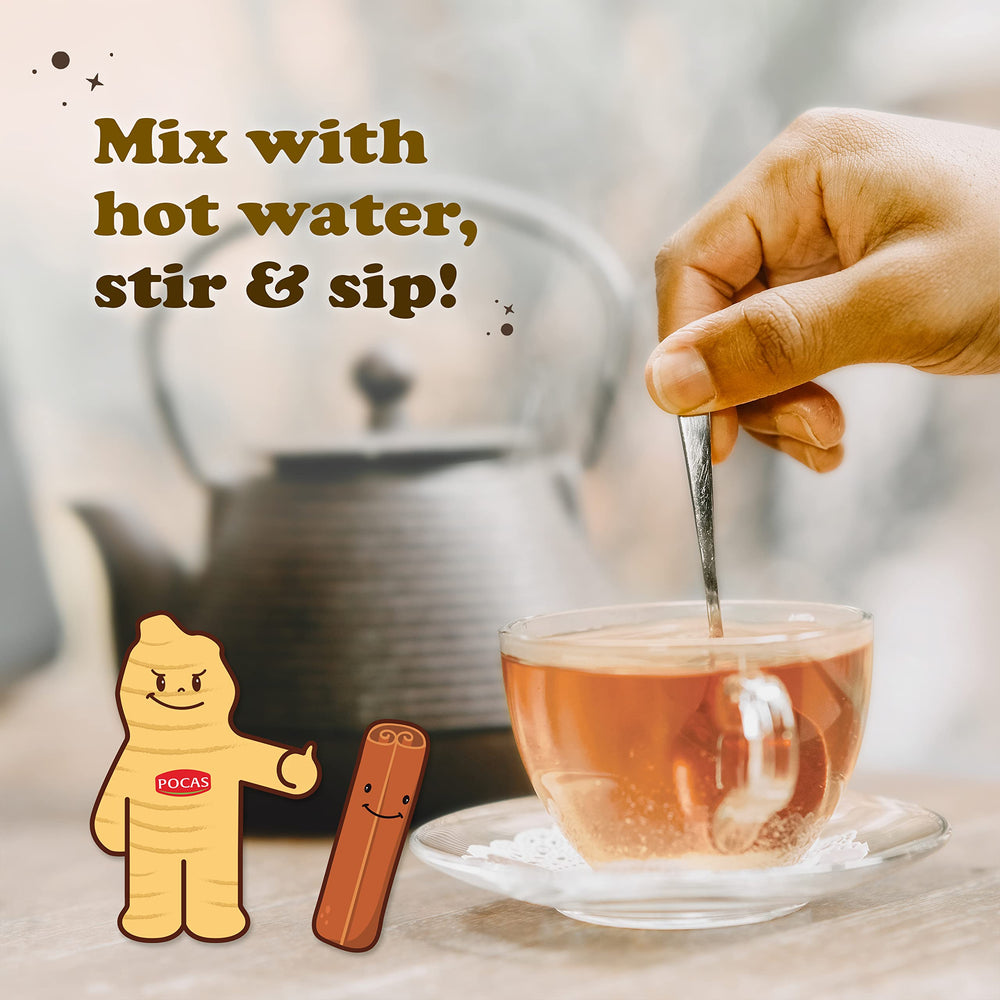 Close-up of cinnamon dust on Pocas Honey Ginger crystals for warm flavor.