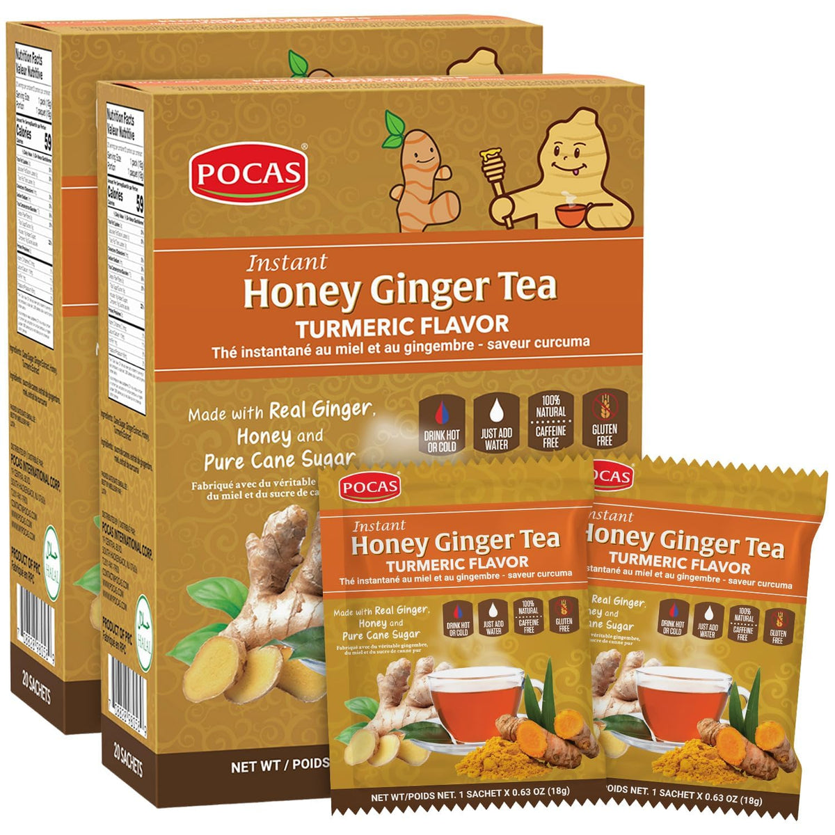 Pocas honey ginger tea crystals dissolving in hot water for a comforting cup.