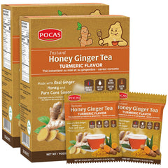 Pocas honey ginger tea crystals dissolving in hot water for a comforting cup.