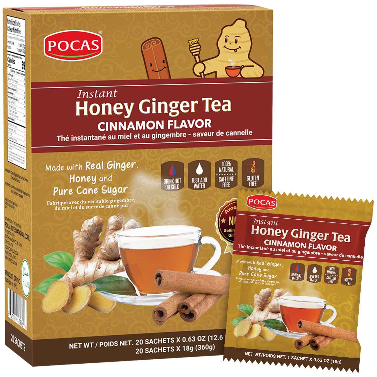 Pocas Honey Ginger tea crystals dissolving in hot water for a cozy, caffeine-free cup.