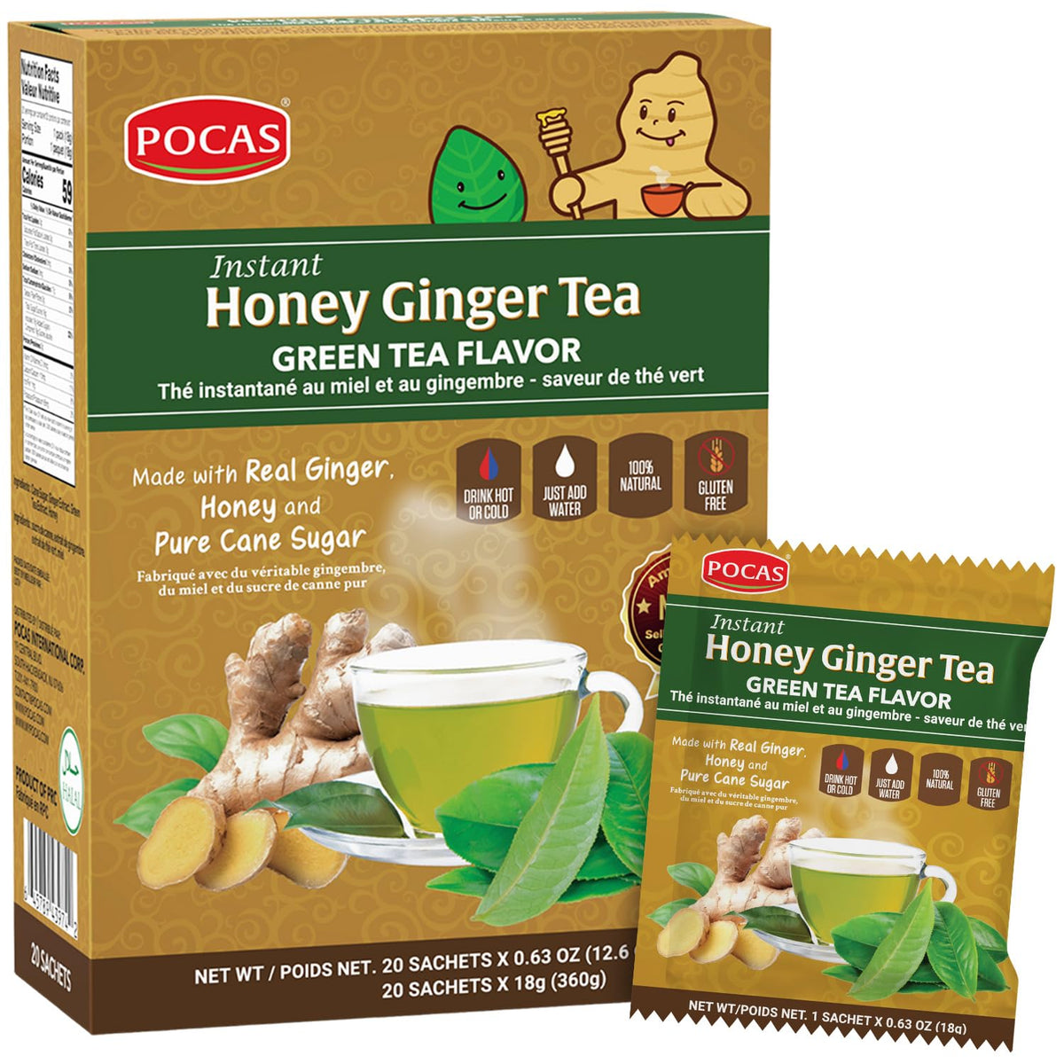 Pocas Honey Ginger Tea Crystals in green tea packaging for on-the-go sipping