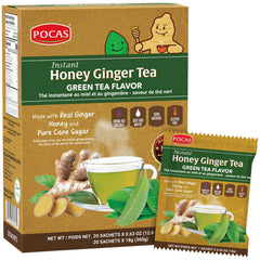 Pocas Honey Ginger Tea Crystals in green tea packaging for on-the-go sipping
