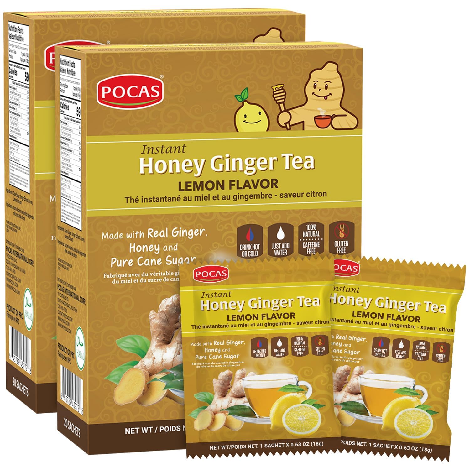Pocas Honey Ginger Tea crystals with lemon in a cup for a comforting moment.