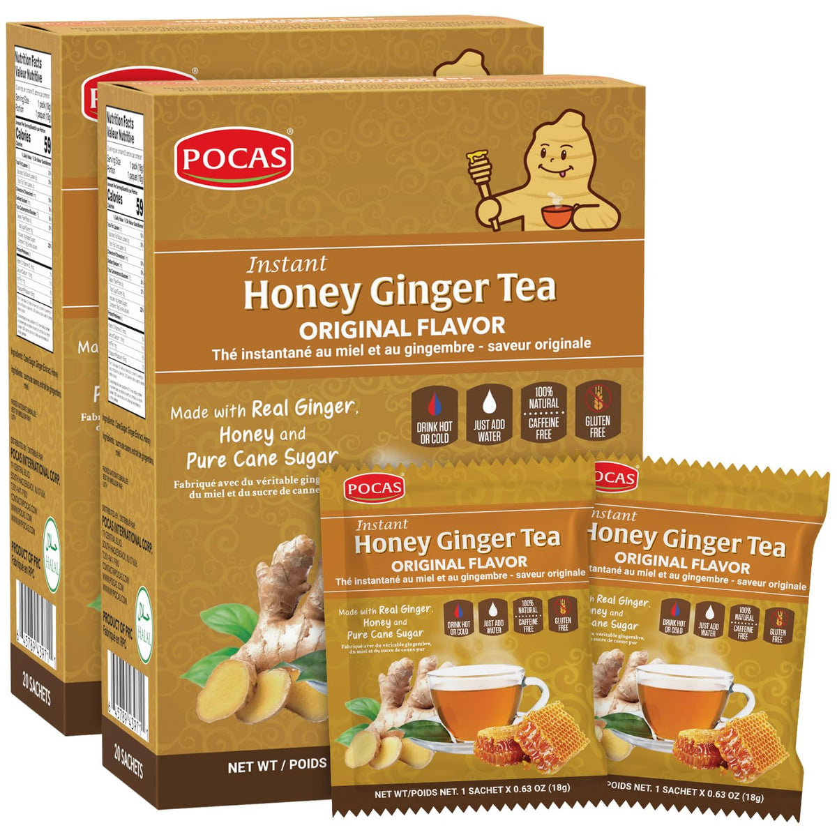 Pocas Honey Ginger tea crystals in packets for quick hot or cold brew.