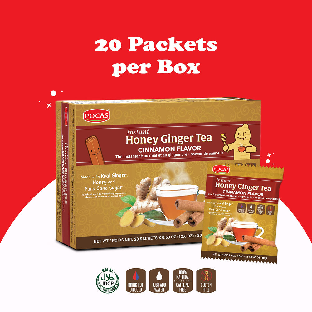 A steaming cup of Pocas Honey Ginger tea with cinnamon aroma.
