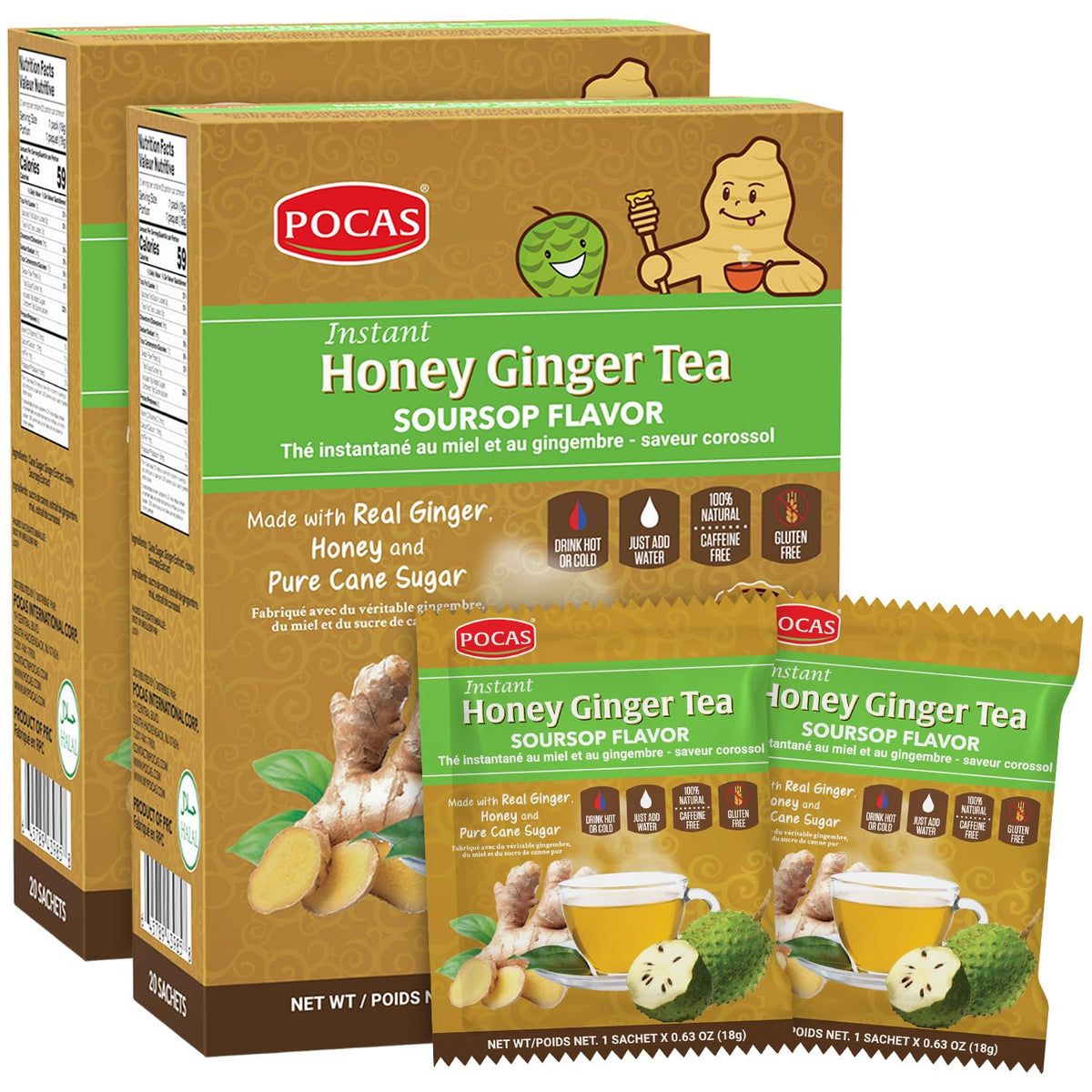 Pocas honey ginger tea powder box 2-pack ready for quick soothing cups