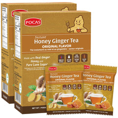 Pocas Honey Ginger Tea Powder box front, two-pack convenience for quick moments.