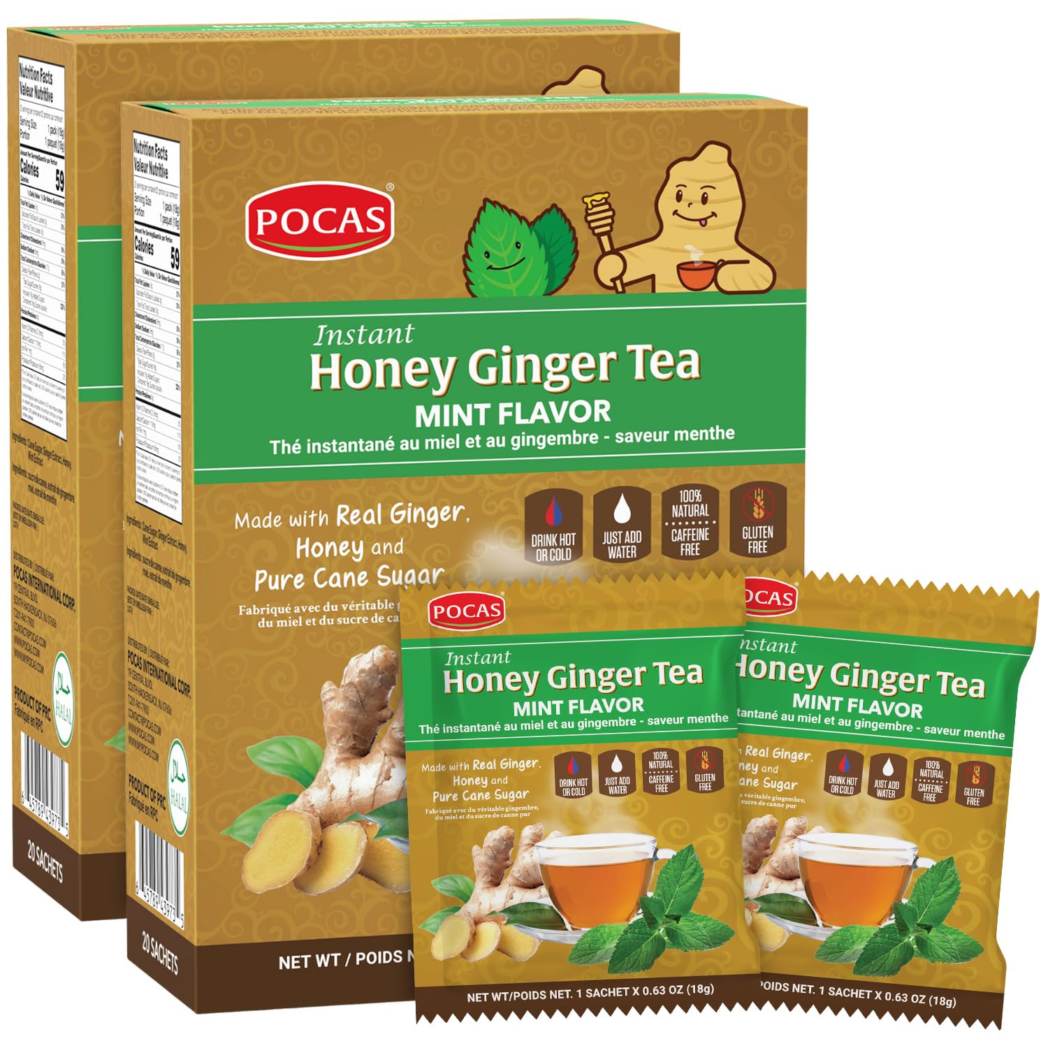 Pocas honey ginger tea powder mint pack ready to dissolve in hot water