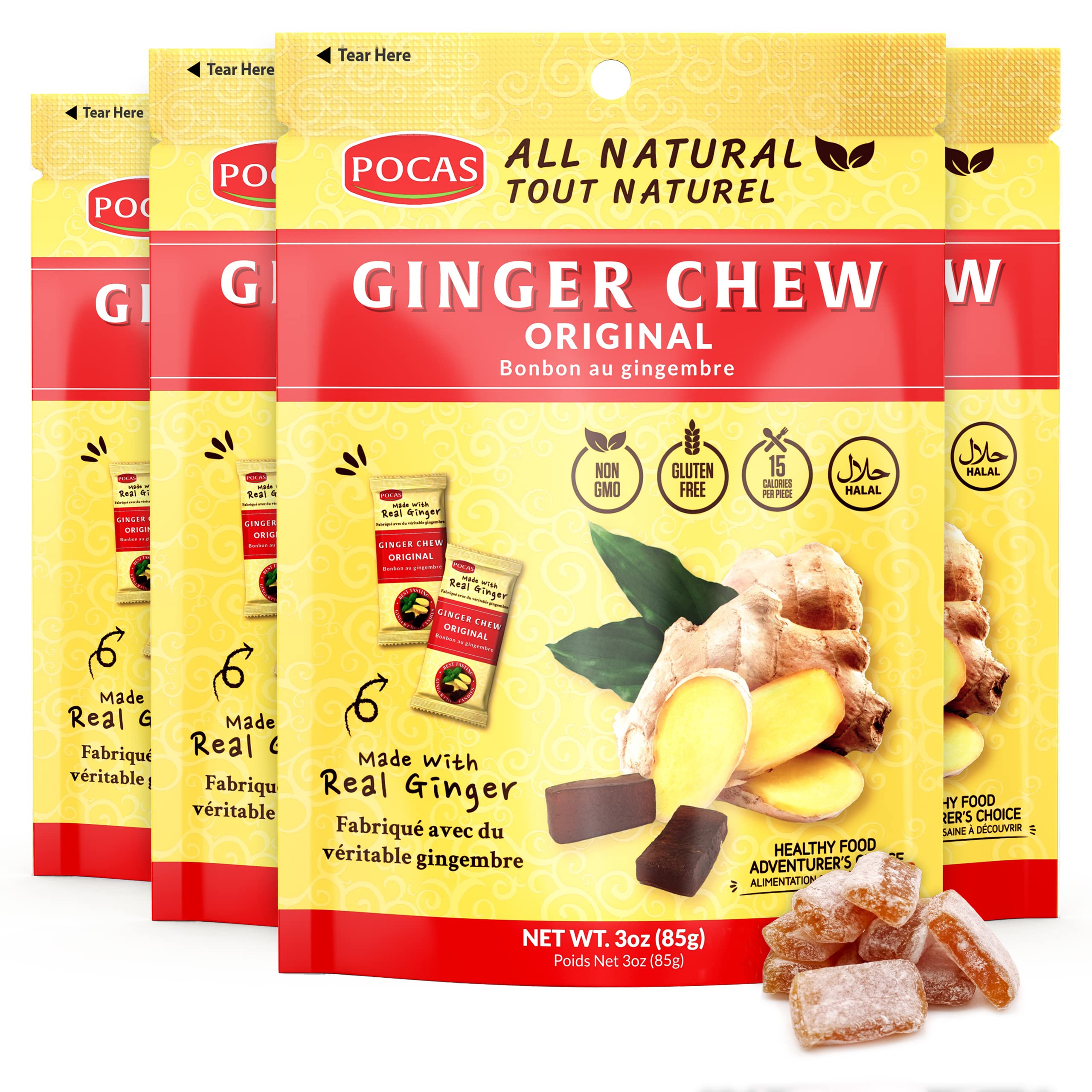 Pocas Original Ginger Chews pack of four for convenient on-the-go snacking.
