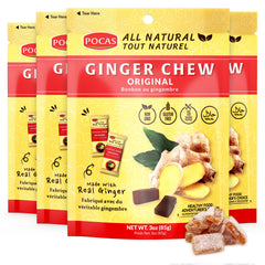 Pocas Original Ginger Chews pack of four for convenient on-the-go snacking.