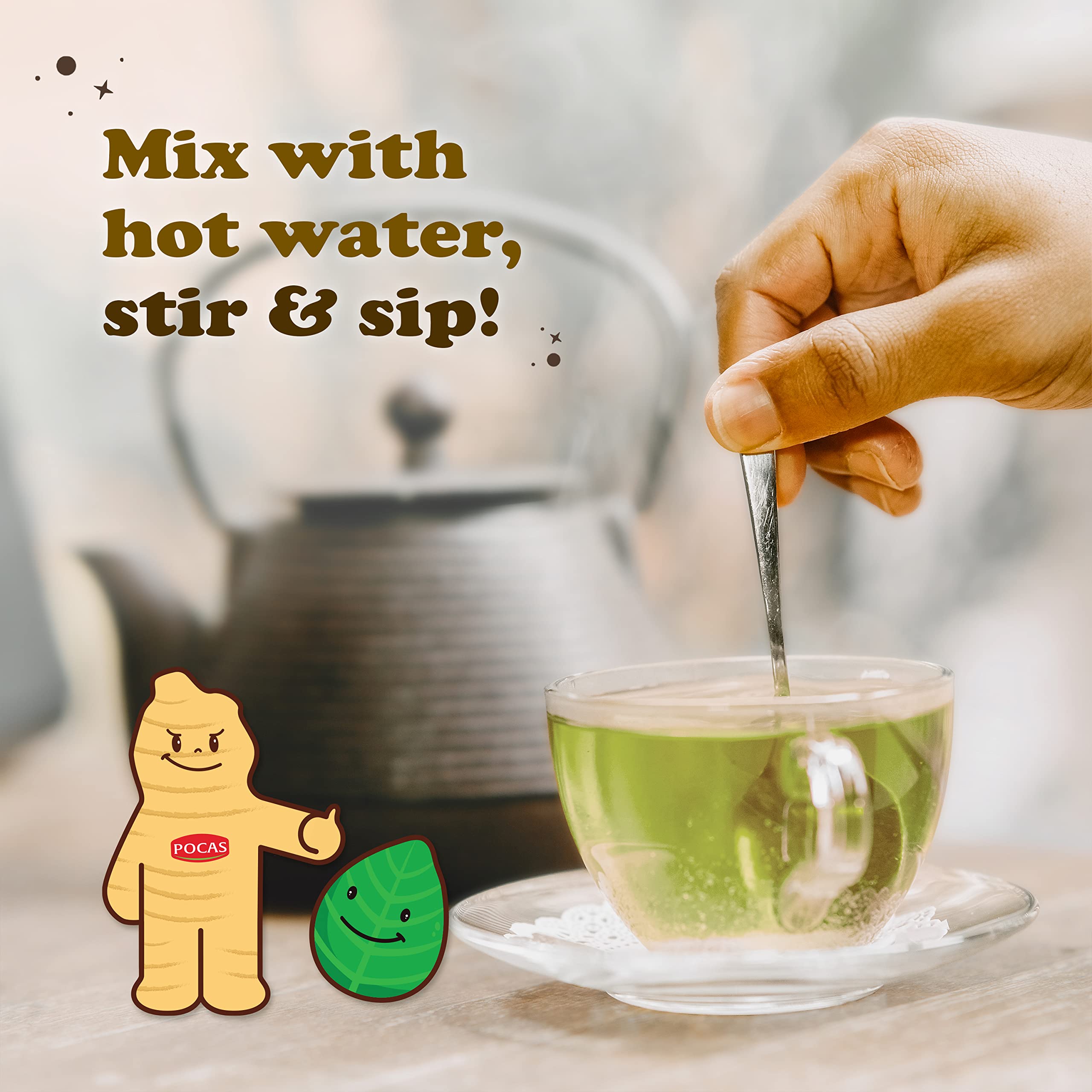 Steaming mug of Pocas Honey Ginger tea with inviting aroma