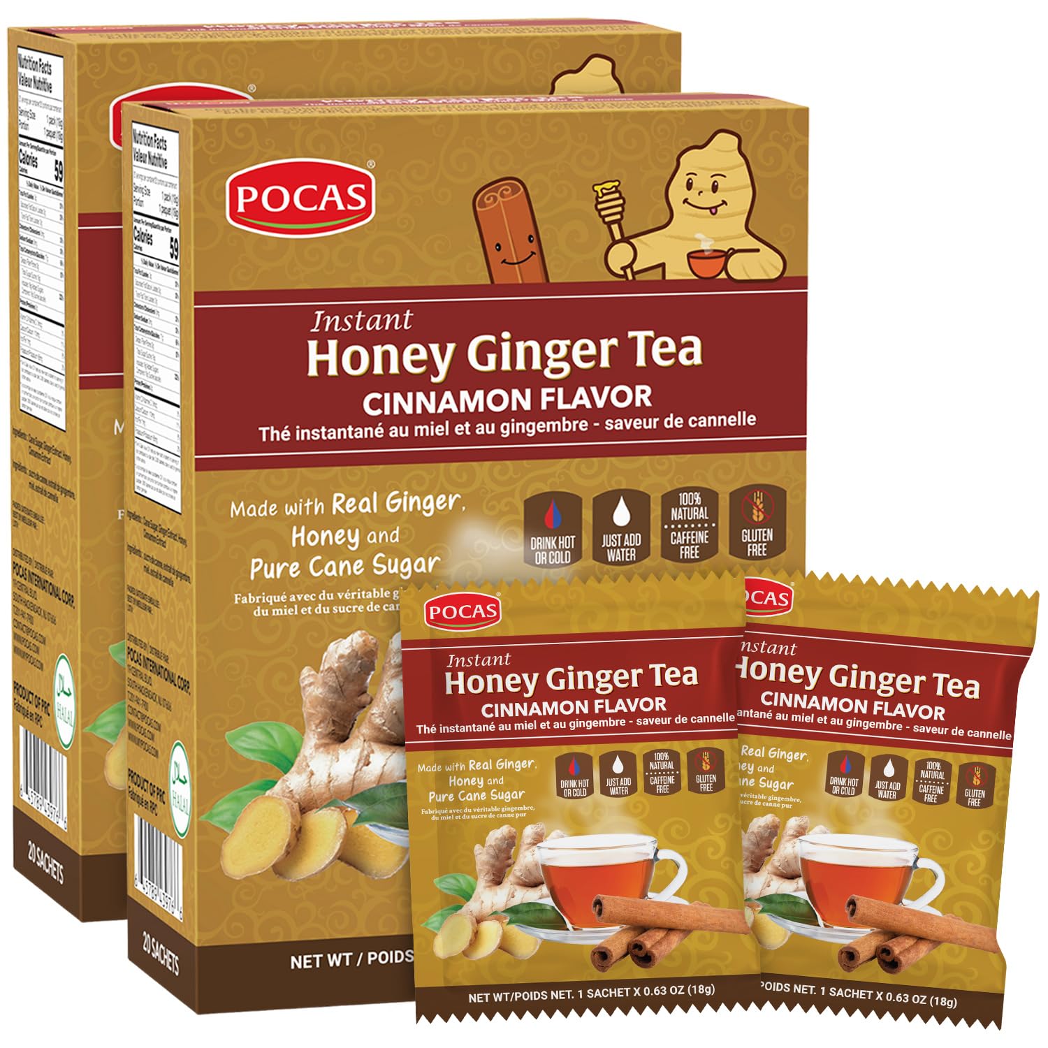 Pocas Tea Powder packaging with honey, ginger, cinnamon for quick prep