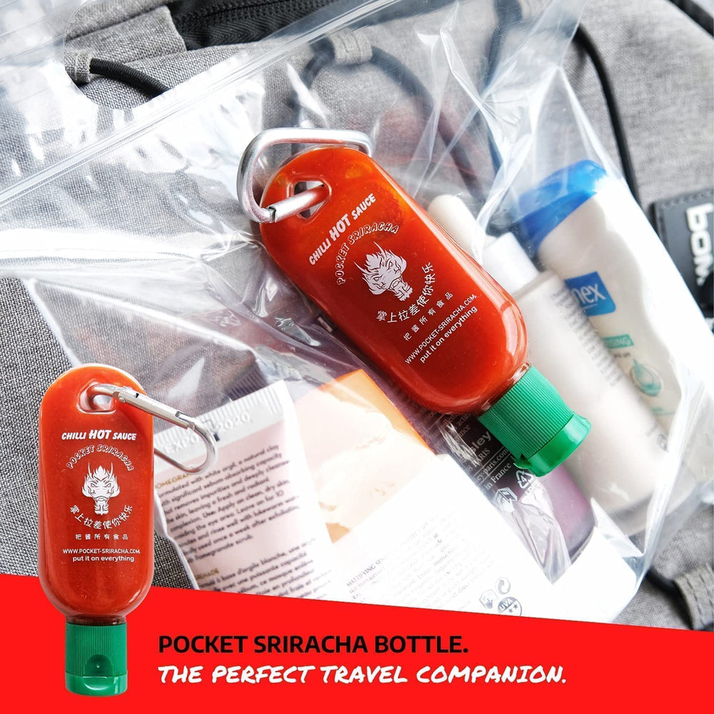 Pocket Sriracha 30ml compact size fits bags.