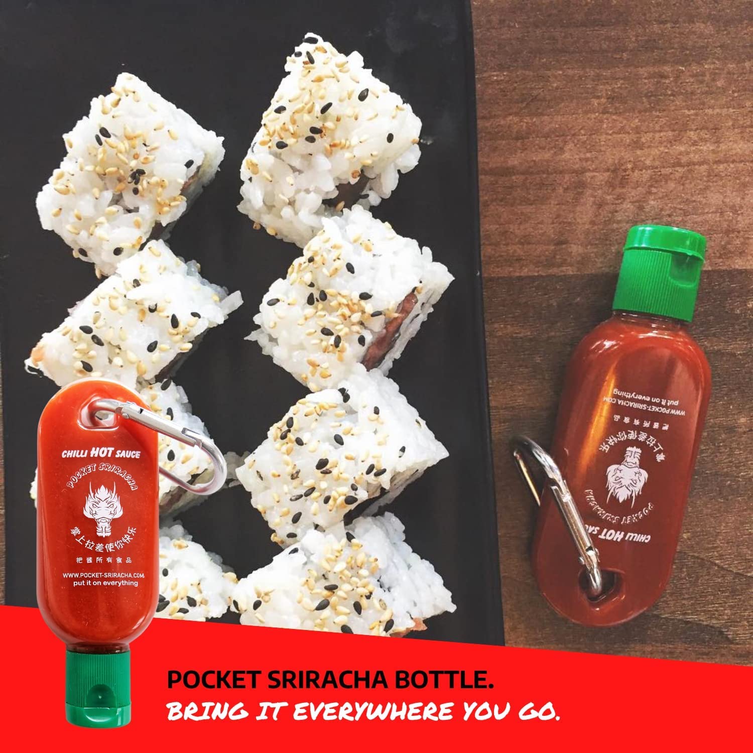 Pocket Sriracha keyring pack keeps sauces handy.