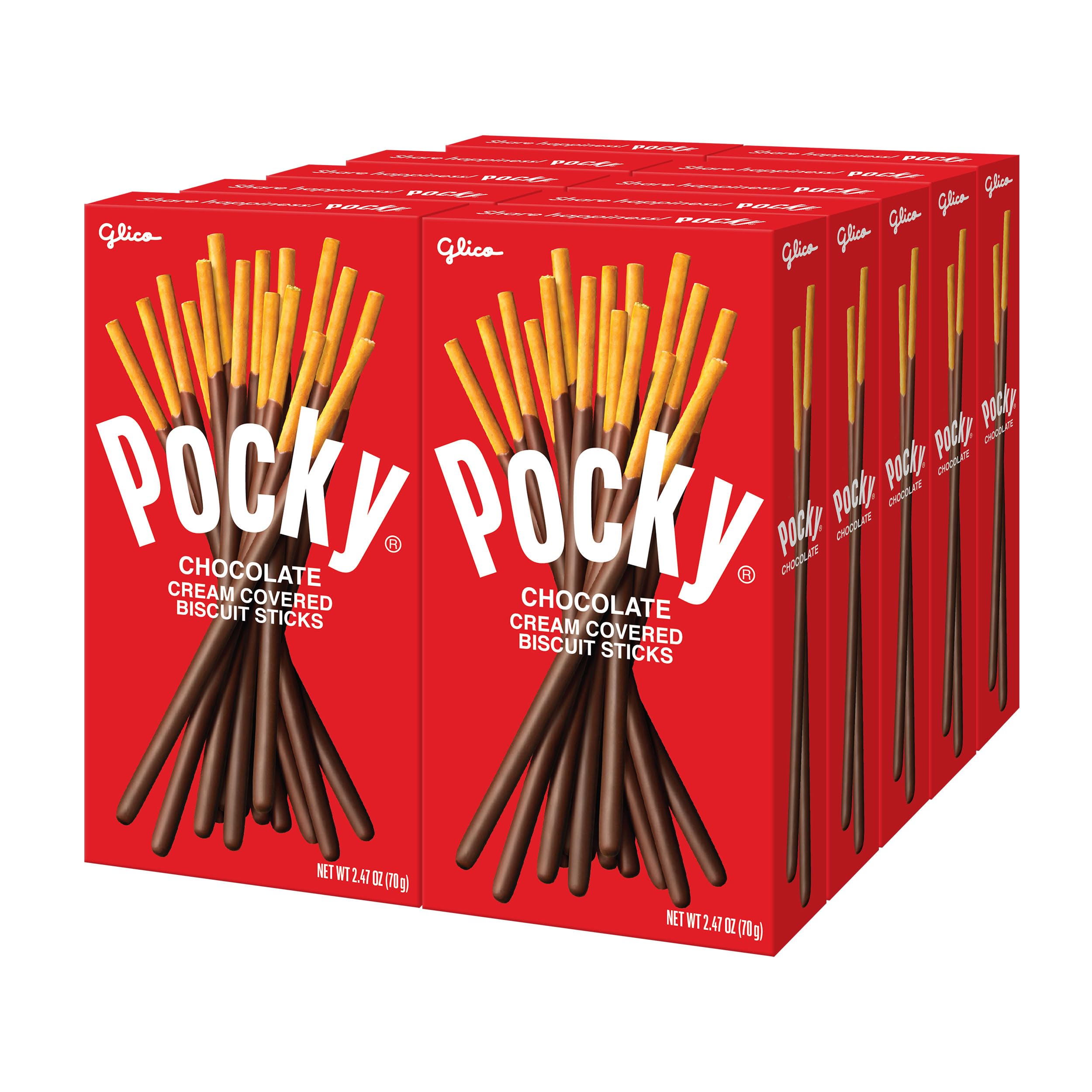 Pocky chocolate biscuit sticks in a classic 10-box pack, ideal for sharing.