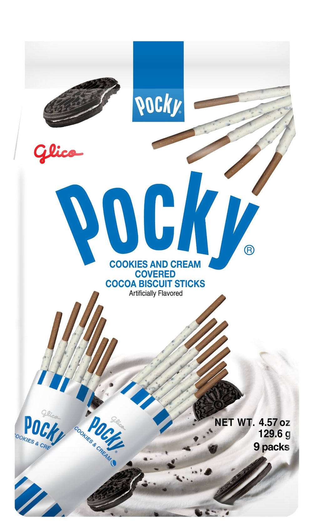 Pocky Cookie & Cream 9-pack sticks with creamy coating for a quick, indulgent snack.