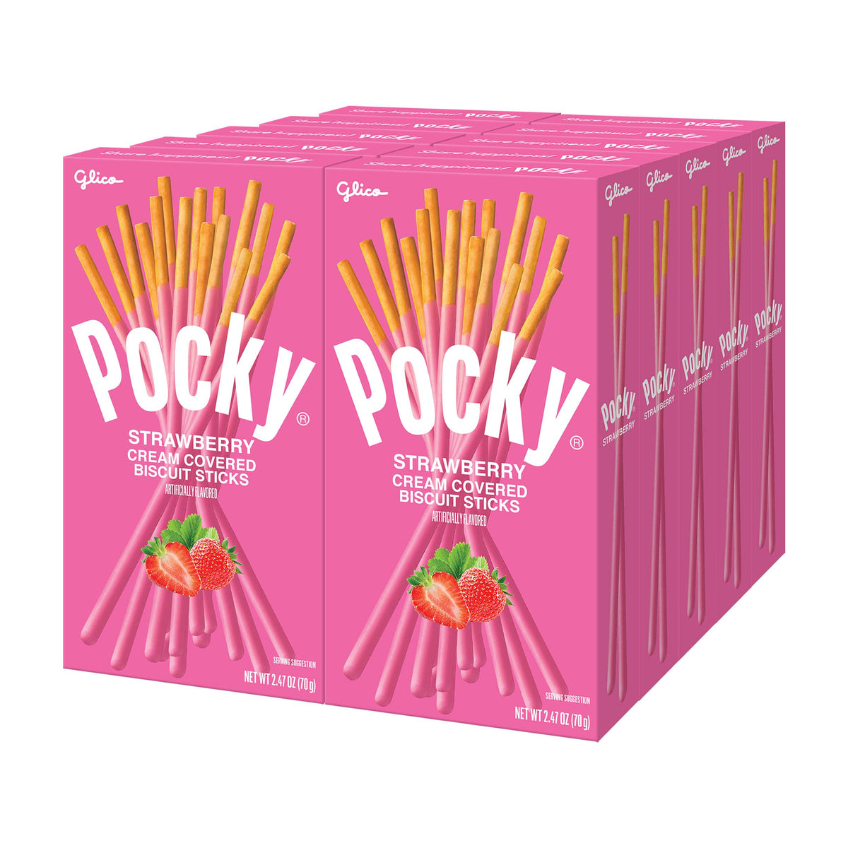 Pocky Strawberry coating close-up, highlighting fruity flavor for a quick snack.
