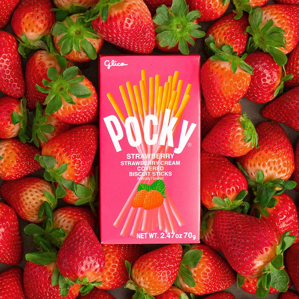 Pocky Strawberry snack-time image showing convenient, portable treat.