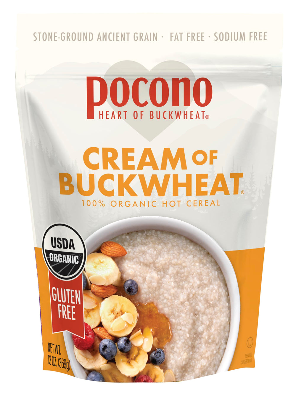 Pocono Cream of Buckwheat front view shows six-pack packaging and organic quality