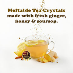 Pocas honey ginger tea crystals ready in cold water for refreshing iced tea.