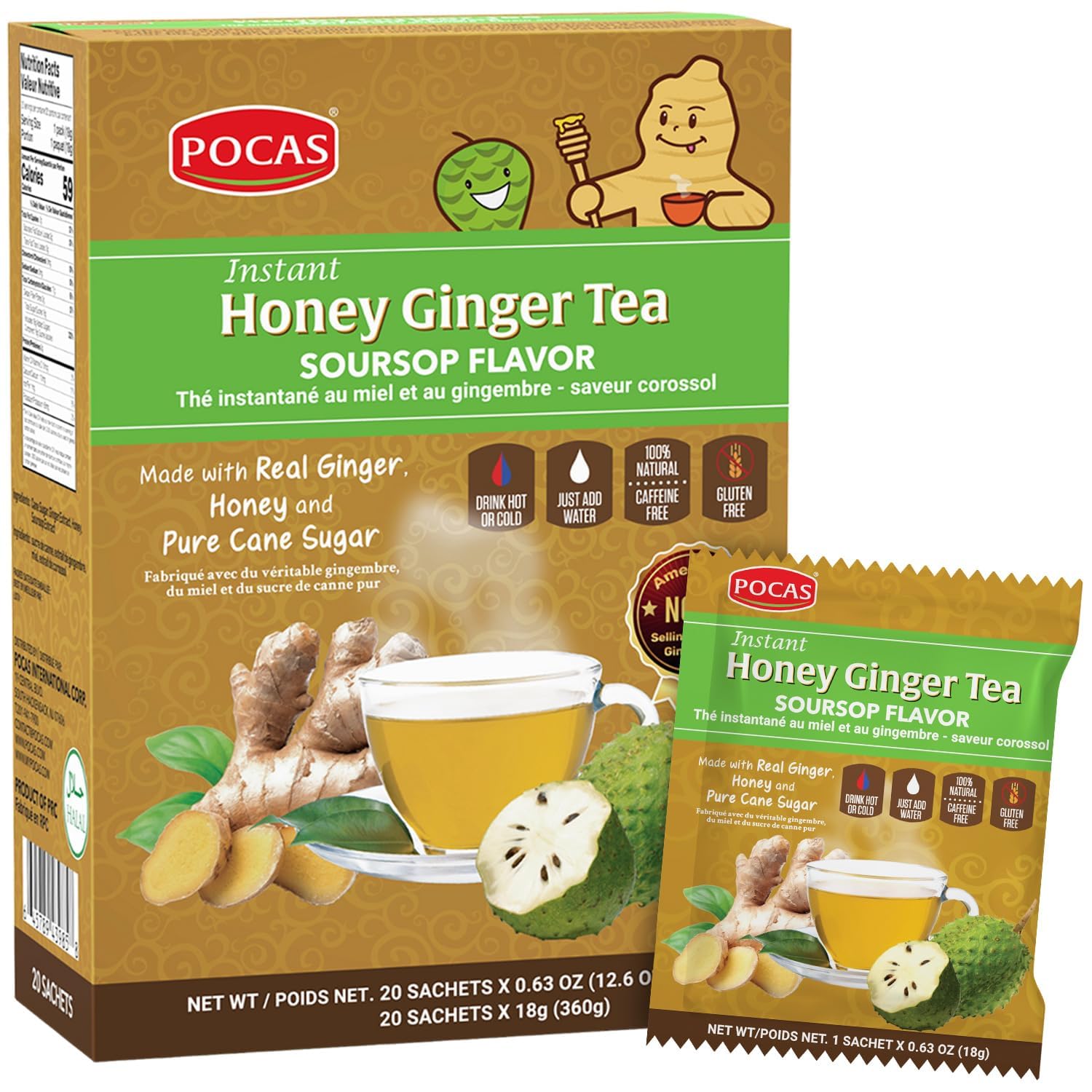 Pocas Honey Ginger Tea crystals in a packet front for quick, hot or cold brew.