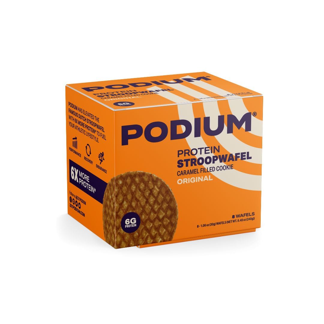 PODIUM Protein Stroopwafel 8-count caramel packaging ideal for on-the-go snacking.