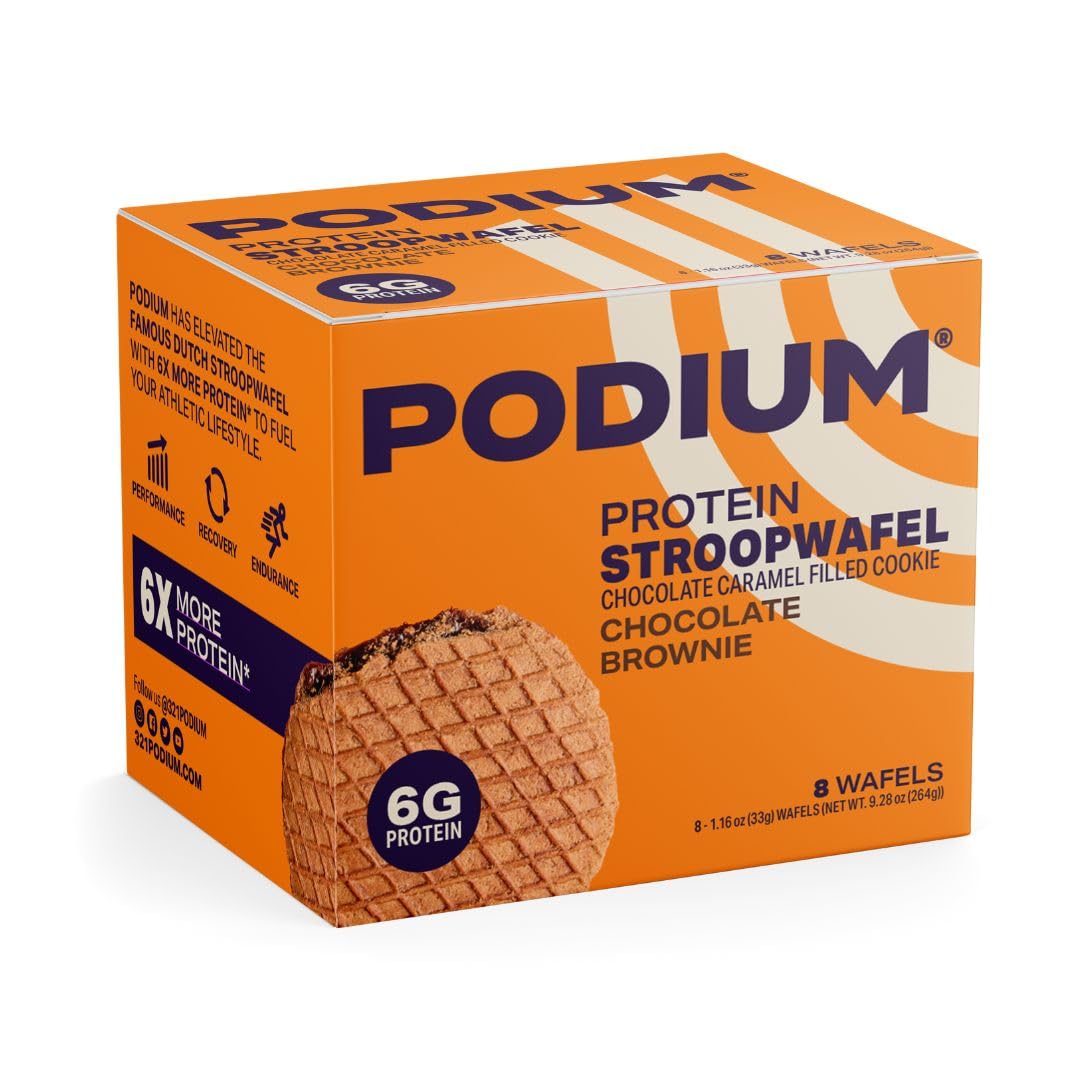 Podium Protein Stroopwafel box with 8 wafers, ideal for gym snacking.