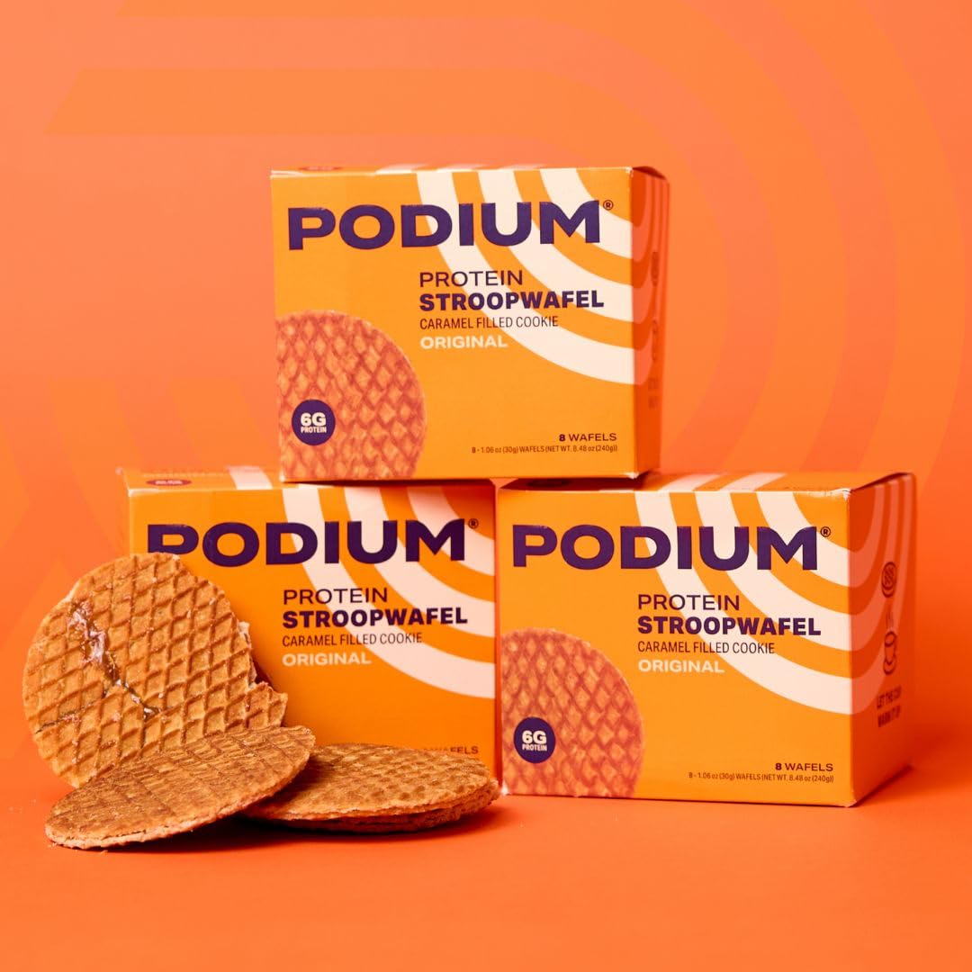 PODIUM Protein Stroopwafel 8 cookies close-up highlights protein-packed filling.