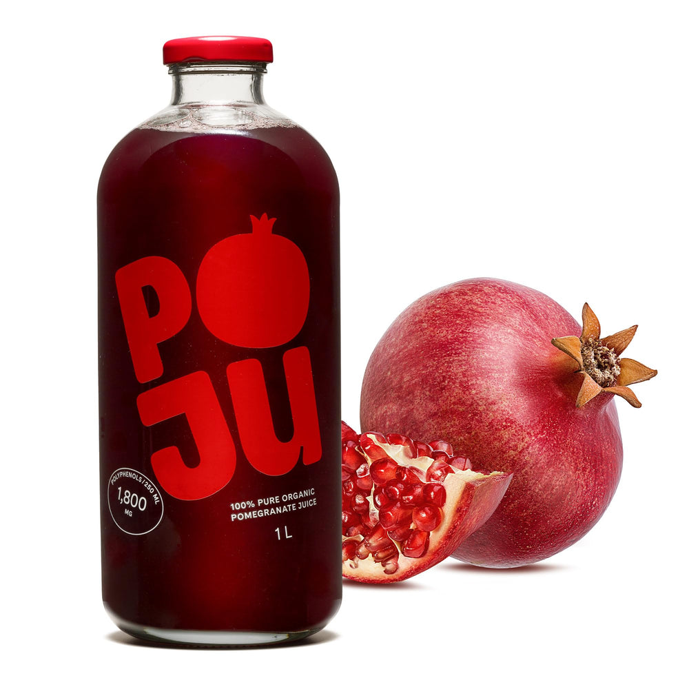 POJU pomegranate juice bottle front showing 100% organic, cold-pressed purity