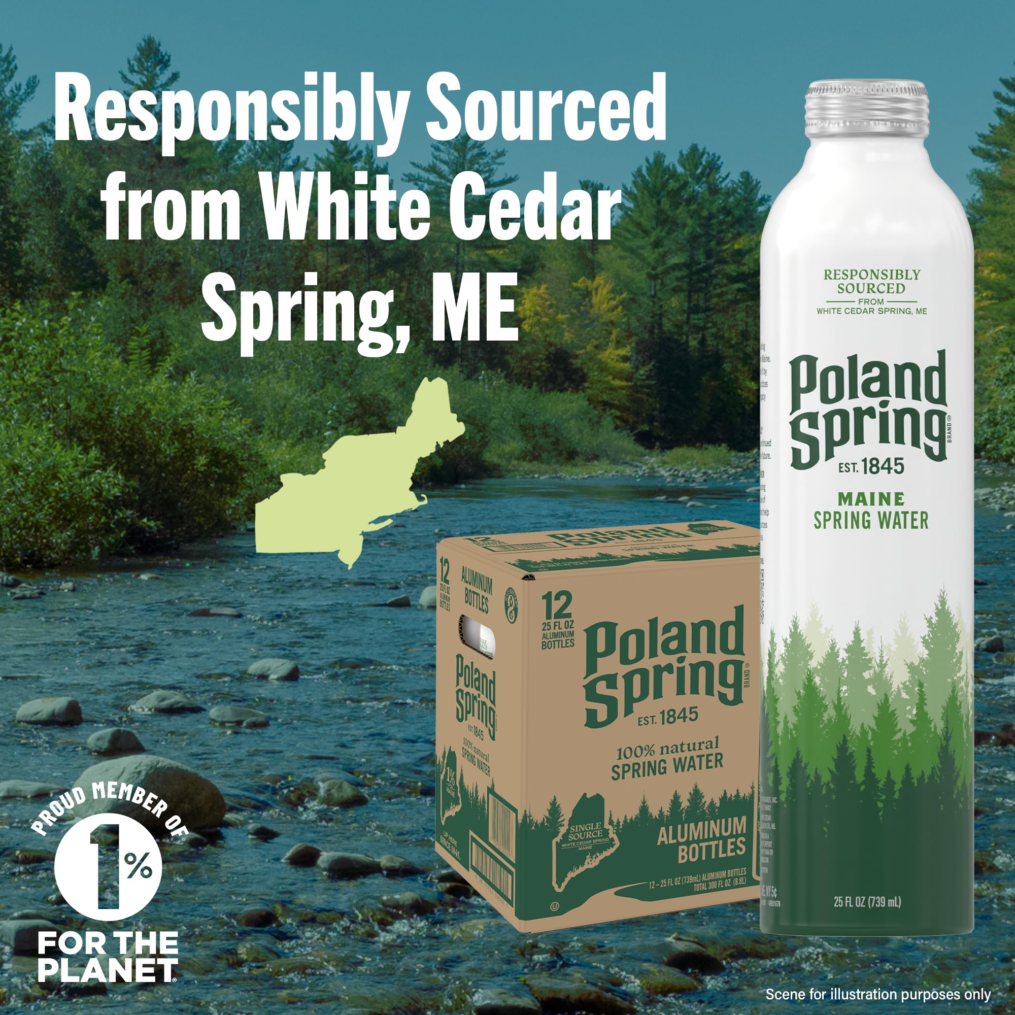 Poland Spring bottle highlights 1% For The Planet partnership.
