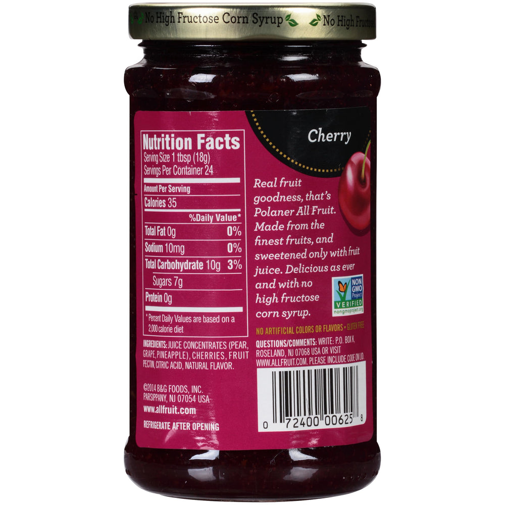 Polaner All Fruit Cherry spreadable label indicates gluten-free, no HFCS promise