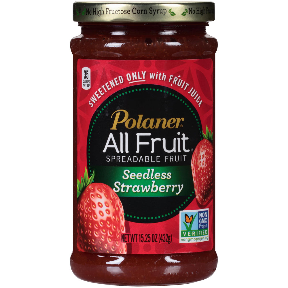 Polaner All Fruit Seedless Strawberry jar on a kitchen counter showing seedless texture for easy spreading