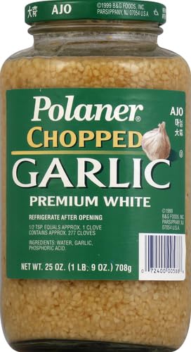 Polaner chopped garlic jar on shelf designed for long flavor life.