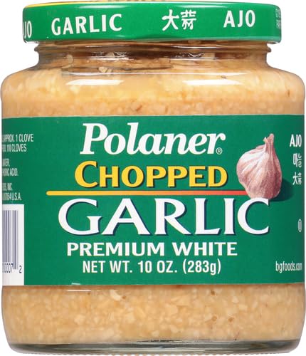 Polaner finely chopped garlic jar on counter for convenient use.
