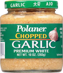 Polaner finely chopped garlic jar on counter for convenient use.