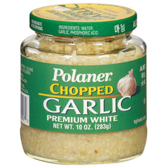 Polaner Premium White Chopped Garlic jar on shelf ready to quick-flavor dishes.