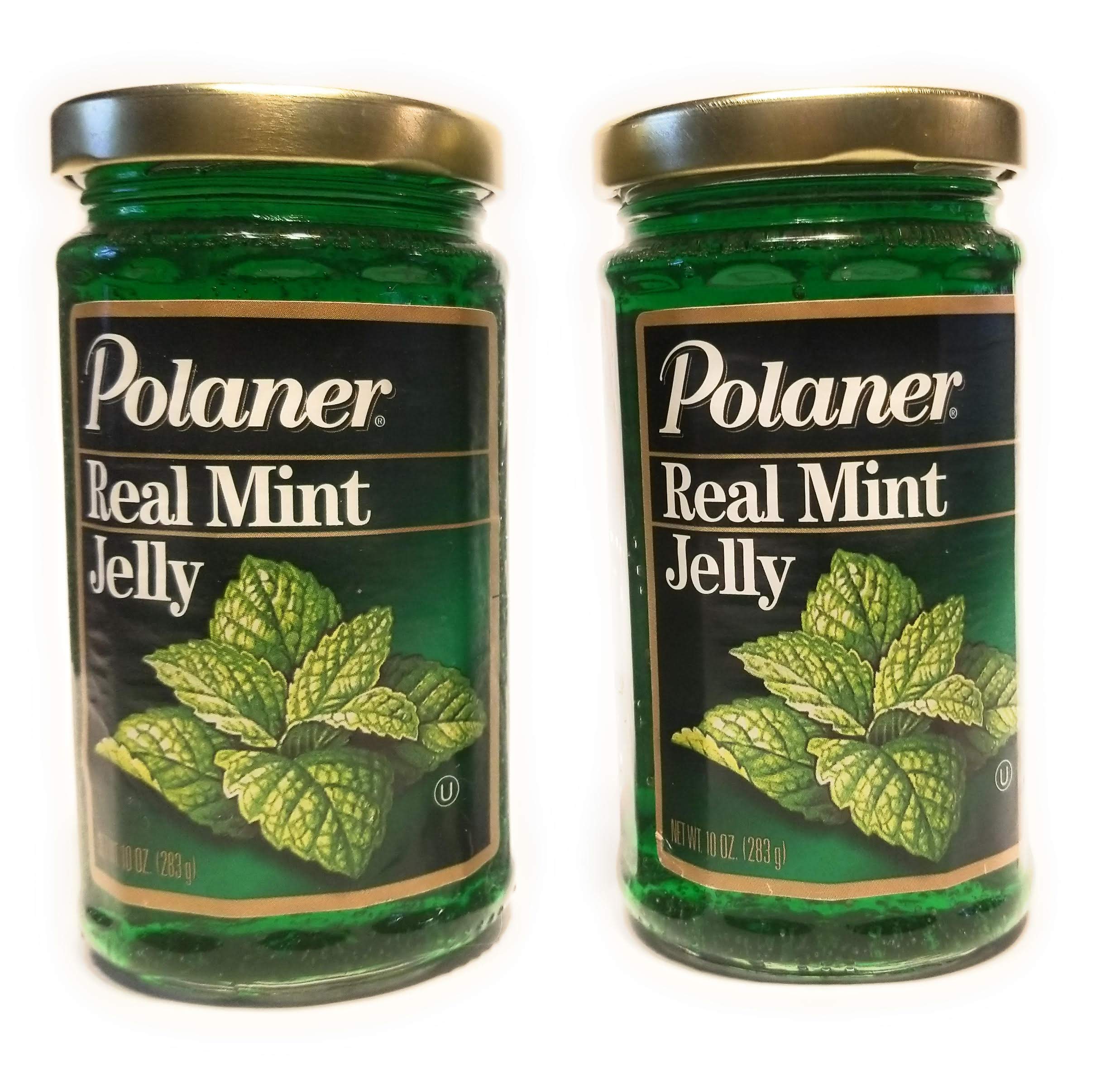 This Polaner Real Mint Jelly 10oz 2-pack label closeup highlights premium branding.