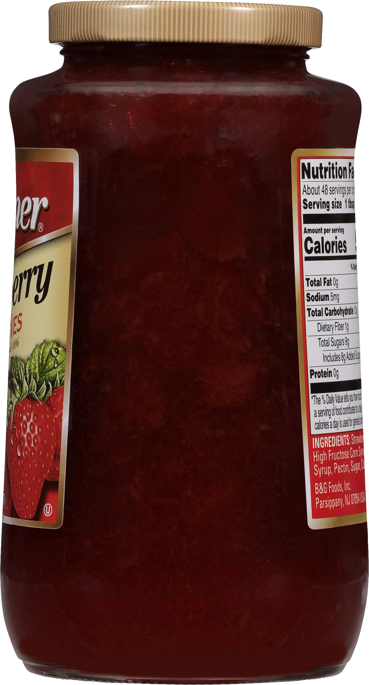 Polaner Strawberry Preserves label closeup highlights quality ingredients