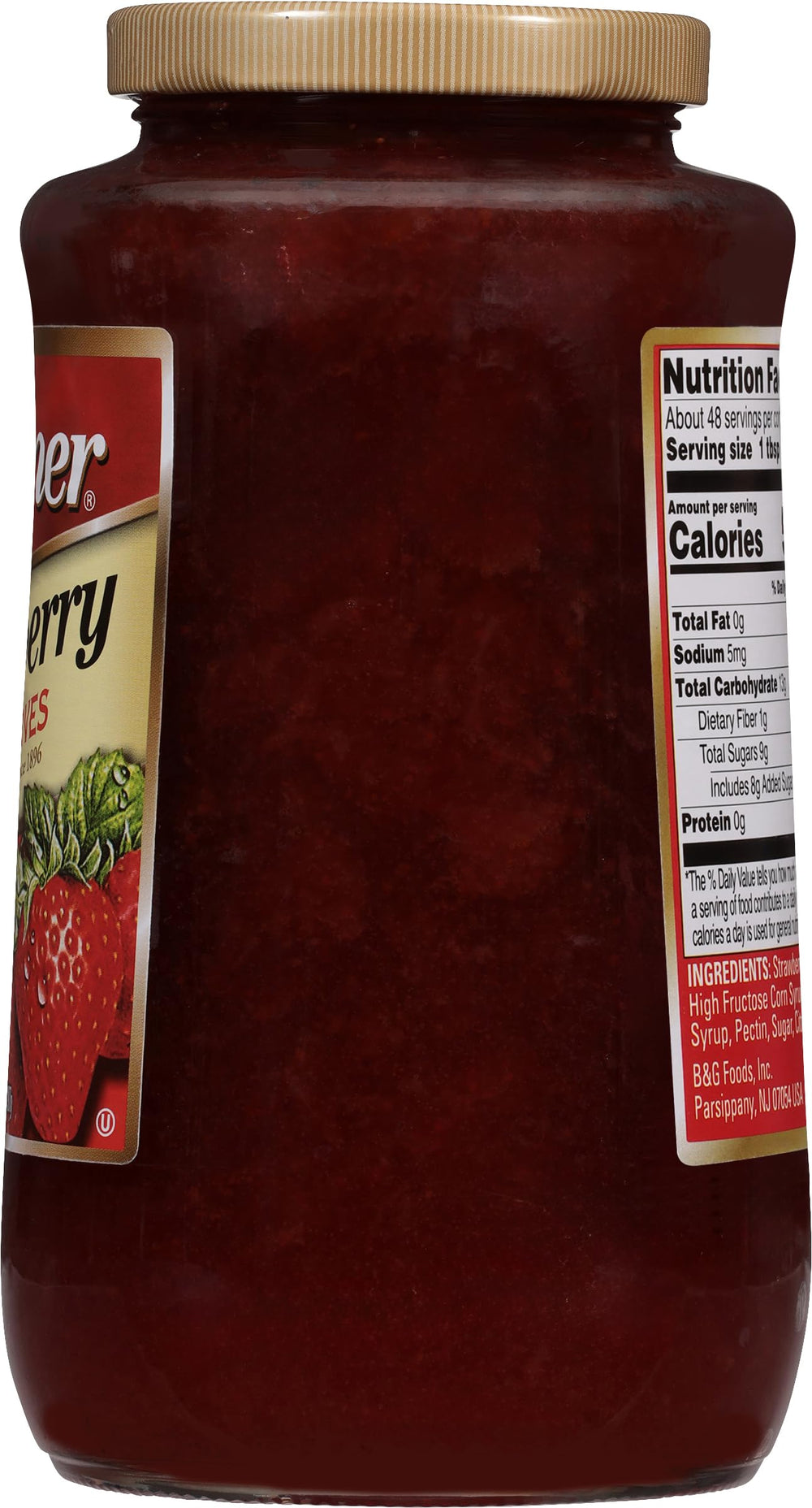 Polaner Strawberry Preserves label closeup highlights quality ingredients